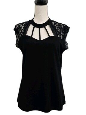 WRAPPER size Large Lace Cut Out Cap Sleeve Knit Top Black